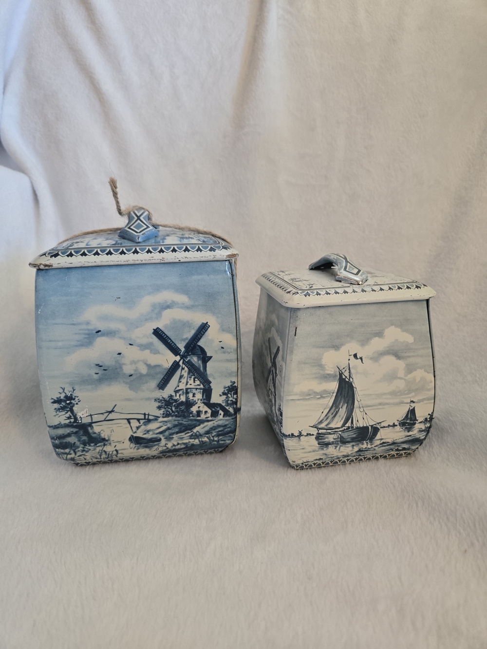 Blue Delft-Style Metal Canisters with Windmill and Sailboat Motifs